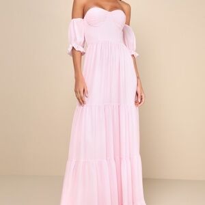Lulus Exceptionally Gorgeous Blush Chiffon Off-the-shoulder Maxi Dress Pink